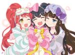  &gt;:d 3girls :d ;) ;d black_hair blue_eyes bow brown_hair cheek-to-cheek collarbone fangs garuru_(pripara) girl_sandwich green_hoodie hair_bow hand_on_another&#039;s_shoulder hat headphones kurosu_aroma long_hair mask mask_on_head mizuki_gyokuran mob_cap multiple_girls one_eye_closed open_mouth paw_pose pink_bow pink_hoodie ponytail pripara redhead sandwiched shiratama_mikan signature sleep_mask sleepwear smile striped striped_bow striped_hoodie yellow_eyes 