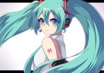  1girl anniversary aqua_eyes aqua_hair detached_sleeves hatsune_miku headset highres hofuru letterboxed long_hair necktie number_tattoo solo tattoo twintails vocaloid white_background 