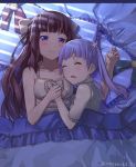  2girls bed_sheet blue_eyes blush bow breasts brown_hair cleavage closed_eyes collarbone frilled_pillow frills from_above grey_bow hair_bow hand_holding highres long_hair lying medium_breasts multiple_girls new_game! on_back on_side open_mouth pillow piza_rokumai purple_hair sleeping smile suzukaze_aoba takimoto_hifumi twintails very_long_hair yuri 