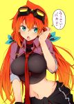  &gt;:o 1girl :o absurdres amano_tora bangs blue_bow blue_eyes blush bow breasts clothes_around_waist cowlick goggles hair_between_eyes hair_bow hand_up highres kazenoko large_breasts long_hair looking_at_viewer low_twintails midriff navel necktie open_mouth orange_hair original red_necktie redhead revision sidelocks simple_background solo speech_bubble sweater_around_waist translated twintails upper_body yellow_background 