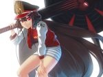  &gt;:d 1girl :d absurdly_long_hair bangs brown_hair buster_shirt commentary_request cowboy_shot demon_archer eyebrows_visible_through_hair fate/grand_order fate_(series) grin hair_between_eyes hand_on_own_knee hand_up hat headphones headphones_around_neck holding holding_sword holding_weapon jacket koha-ace leaning_forward legs_apart letterman_jacket long_hair looking_at_viewer military military_hat miniskirt oda_nobunaga_(swimsuit_berserker)_(fate) open_clothes open_jacket open_mouth over_shoulder peaked_cap red_eyes red_jacket revision simple_background skirt sleeves_past_elbows smile solo striped striped_skirt sword tohogaeru very_long_hair weapon weapon_over_shoulder white_background 