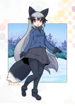  animal_ears black_gloves bow bowtie commentary_request fox_ears fox_tail gloves highres jacket kemono_friends long_hair multicolored_hair multiple_girls open_mouth pantyhose silver_fox_(kemono_friends) silver_hair skirt tail umigarasu_(kitsune1963) 