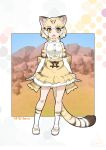  animal_ears bare_shoulders blonde_hair blush bow bowtie cat_ears cat_tail commentary_request elbow_gloves eyebrows_visible_through_hair gloves highres kemono_friends multicolored_hair open_mouth sand_cat_(kemono_friends) shirt short_hair skirt sleeveless striped_tail tail umigarasu_(kitsune1963) yellow_eyes 