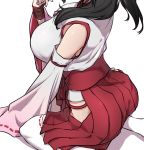  1girl ass black_hair breasts close-up detached_sleeves hakama hand_up head_out_of_frame hip_vent japanese_clothes kneeling large_breasts long_hair miko nontraditional_miko original over-kneehighs pleated_skirt red_skirt ribbon-trimmed_legwear ribbon-trimmed_sleeves ribbon_trim shadow side_slit simple_background skirt solo thigh-highs white_background white_legwear wide_sleeves xiu_jiayihuizi 