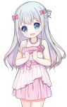  1girl :d bangs bare_arms bare_shoulders blue_eyes blush bow breasts cleavage clenched_hands cowboy_shot dress eromanga_sensei eyebrows_visible_through_hair flower formal grey_hair hair_bow head_tilt izumi_sagiri jewelry layered_dress long_hair looking_at_viewer necklace open_mouth pearl_necklace pink_bow pink_dress pink_rose rose simple_background sleeveless sleeveless_dress small_breasts smile solo standing tareme tengxiang_lingnai white_background 