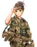  1girl blonde_hair camouflage green_eyes grenade_launcher gun hat highres jpc military military_uniform original rifle smile uniform weapon white_background 