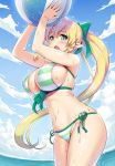  1girl arms_up ball beachball bikini blonde_hair blue_sky blush bow braid breasts cleavage clouds cloudy_sky cowboy_shot day erect_nipples fisheye from_side green_bikini green_eyes hair_bow highres huge_breasts kawase_seiki leafa leaning_forward long_hair looking_at_viewer navel open_mouth outdoors pointy_ears ponytail side-tie_bikini sideboob sky solo striped striped_bikini swimsuit sword_art_online twin_braids very_long_hair wet 