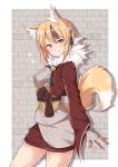1girl animal_ears bangs blonde_hair blush brick_wall brown_hair cowboy_shot eyebrows_visible_through_hair fingerless_gloves fire_emblem fire_emblem_if fox_ears fur_trim gloves heart japanese_clothes jiino kinu_(fire_emblem_if) long_sleeves looking_at_viewer multicolored_hair selkie_(fire_emblem) sidelocks smile solo streaked_hair tail tongue tongue_out wide_sleeves yellow_eyes
