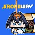  1girl black_hair blue_eyes blue_shirt eating food hololive hololive_english jazz_jack lowres maple_syrup ouro_kronii oversized_food sandwich shirt solo submarine_sandwich subway_(company) syrup upper_body virtual_youtuber 