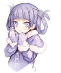  1girl bangs blush capelet character_request copyright_request cupping_hands eyebrows_visible_through_hair fur_trim hair_rings half-closed_eyes hands_up kurasuke looking_at_viewer mittens open_mouth purple_hair sidelocks simple_background solo upper_body violet_eyes white_background 