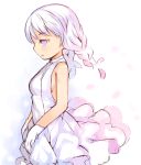  1girl bangs blue_hair braid breasts dress expressionless eyebrows_visible_through_hair from_side gloves half-closed_eyes jitome kurasuke long_hair open-back_dress original parted_lips sideboob small_breasts solo twin_braids white_dress white_gloves white_hair 