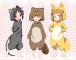  3boys animal_costume animal_ears barefoot black_hair brown_eyes brown_hair cat_costume cat_ears cat_tail fox_costume fox_ears fox_tail male_focus multiple_boys original raccoon_costume raccoon_ears raccoon_tail red_eyes tail yellow_eyes 