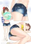  1girl ahoge ama_mitsuki arms_behind_back ass ball bare_legs beachball bikini bikini_under_clothes blurry breasts bright_pupils brown_hair closed_eyes cutoffs dated denim denim_shorts depth_of_field flower full_body hair_flower hair_ornament hat hibiscus kantai_collection looking_at_viewer lying midriff multiple_views navel sandals shigure_(kantai_collection) short_shorts shorts simple_background small_breasts straw_hat swimsuit upshorts violet_eyes white_background white_pupils yellow_bikini 