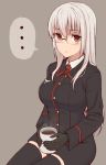  ... 1girl black_legwear coffee glasses gloves grey_background heidimarie_w_schnaufer long_hair long_sleeves looking_at_viewer military military_uniform momiji7728 necktie red_eyes red_necktie simple_background solo spoken_ellipsis strike_witches thigh-highs uniform white_hair world_witches_series 