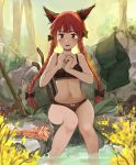  1girl animal_ears bare_arms bare_legs black_bow black_bra black_eyes black_panties blush bow bow_panties bra braid cat_ears cat_tail clothes_removed day hair_bow highres kaenbyou_rin long_hair looking_at_viewer multiple_tails mushroom navel outdoors panties permanentlow redhead rock shoes_removed sitting soaking_feet solo tail tears touhou tree twin_braids two_tails underwear underwear_only white_panties 