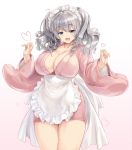 1girl :d alternate_costume apron bangs blue_eyes blush breasts cleavage collarbone commentary_request cowboy_shot enmaided highres japanese_clothes kantai_collection kashima_(kantai_collection) kimono kiyama_satoshi large_breasts long_sleeves looking_at_viewer maid maid_headdress open_mouth revision short_kimono silver_hair smile solo twintails waist_apron wavy_hair wide_sleeves 