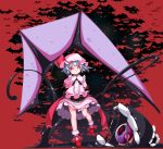  1girl arms_behind_back bare_legs bat blue_hair bobby_socks bright_pupils center_frills closed_mouth demon_tail full_body hat hat_ribbon highres looking_at_viewer mob_cap pink_hat pink_skirt red_eyes red_ribbon red_shoes remilia_scarlet ribbon shoes skirt smile socks solo standing tail touhou white_legwear yofukashi 