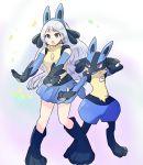  1girl blue_eyes boku_no_hero_academia cosplay elbow_gloves full_body gloves hadou_nejire hair_ornament long_hair lucario lucario_(cosplay) open_mouth pokemon pokemon_(creature) pokemon_(game) pose red_eyes silver_hair simple_background skirt very_long_hair white_background 