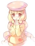  1girl bangs beret blonde_hair blush brown_eyes character_request copyright_request eyebrows_visible_through_hair hands_up hat jacket kurasuke long_hair looking_at_viewer nose_blush open_mouth own_hands_together scarf simple_background sketch sleeves_past_wrists smile solo tareme upper_body white_background 