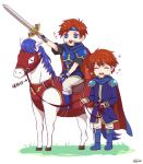 2boys armor blue_eyes cape chibi closed_eyes dress eliwood_(fire_emblem) father_and_son fire_emblem fire_emblem:_fuuin_no_tsurugi fire_emblem:_rekka_no_ken fire_emblem_heroes horse kazame male_focus multiple_boys open_mouth redhead roy_(fire_emblem) short_hair simple_background smile weapon 