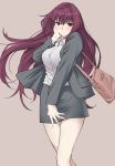  1girl alternate_costume bag bare_legs blush breasts brown_bag business_suit closed_mouth collared_shirt eyebrows_visible_through_hair fate/grand_order fate_(series) female floating_hair grey_background grey_jacket grey_skirt hair_between_eyes hand_on_leg hand_on_own_cheek hand_on_own_leg hand_up handbag highres jacket large_breasts legs long_hair long_sleeves looking_at_viewer open_clothes open_jacket pencil_skirt purple_hair red_eyes scathach_(fate/grand_order) shirt simple_background skirt smile solo type-moon unbuttoned white_shirt yoshiki360 