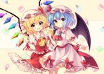  2girls :d :o ascot bat_wings black_wings blonde_hair blue_hair blush brooch commentary_request cowboy_shot crystal cup demon_wings dress drinking_glass drinking_straw eyebrows_visible_through_hair flandre_scarlet food frilled_cuffs frilled_dress frilled_ribbon frilled_shirt_collar frilled_skirt frills gem hat hat_ribbon highres holding holding_drinking_glass holding_food ice_cream jewelry looking_at_viewer macaron mob_cap multiple_girls open_mouth parted_lips pink_dress pink_hat puffy_short_sleeves puffy_sleeves red_eyes red_ribbon red_skirt red_vest remilia_scarlet ribbon ruhika sash short_hair short_sleeves siblings sisters skirt smile tareme thigh-highs touhou vest wings wrist_cuffs yellow_background 