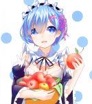  1girl absurdres apple black_ribbon blue_eyes blue_hair breasts choker cleavage detached_sleeves eyebrows_visible_through_hair food fruit gekka_hiyayuki hair_between_eyes hair_ribbon head_wreath highres holding holding_fruit looking_at_viewer medium_breasts neck_ribbon open_mouth pink_ribbon re:zero_kara_hajimeru_isekai_seikatsu rem_(re:zero) ribbon short_hair solo standing upper_body white_background 