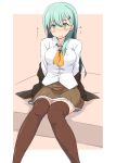 1girl aqua_eyes aqua_hair bangs blush breasts brown_jacket brown_legwear brown_skirt commentary_request dress_shirt eyebrows_visible_through_hair feet_out_of_frame hair_ornament hairclip jacket kantai_collection knees_together_feet_apart kugui_kiyunemu large_breasts long_hair long_sleeves looking_at_viewer nervous_smile on_bed parted_lips pink_background pleated_skirt shirt sitting skirt solo suzuya_(kantai_collection) sweatdrop thigh-highs translated white_shirt 