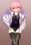  1girl absurdres animal_ears bird_wings black_legwear commentary_request gluteal_fold highres looking_away mystia_lorelei nama_shirasu no_hat no_headwear pink_eyes pink_hair school_swimsuit short_hair simple_background solo swimsuit thigh-highs thigh_gap touhou wet wings 