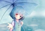 1girl blue_background blue_hair blue_vest blush closed_mouth eyebrows_visible_through_hair head_tilt heterochromia holding holding_umbrella looking_at_viewer nekomarieru outstretched_arm puddle reaching_out shirt short_hair short_sleeves smile solo tatara_kogasa touhou umbrella upper_body vest white_shirt 