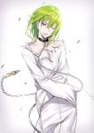  androgynous bangs blurry chains collar depth_of_field enkidu_(fate/strange_fake) fate/strange_fake fate_(series) green_hair grey_eyes hair_between_eyes key leash long_hair looking_at_viewer mouth_hold one_eye_closed parted_lips revision robe shijiu_(adamhutt) smile solo straitjacket teeth torn_clothes zipper 