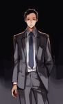  1boy black_background black_hair blue_necktie buttons closed_mouth collared_shirt fukumoto_(joker_game) gradient gradient_background grey_background grey_jacket grey_pants hand_in_pocket highres joker_game male_focus necktie pants pinkiepies2 pocket shirt short_hair simple_background sketch standing white_shirt 