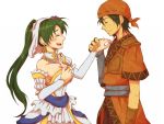  1boy 1girl bandanna blush breasts closed_eyes dress earrings fingerless_gloves fire_emblem fire_emblem:_rekka_no_ken fire_emblem_heroes gloves green_eyes green_hair high_ponytail jewelry long_hair lyndis_(fire_emblem) open_mouth ponytail rath smile very_long_hair wedding_dress 