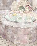  2boys bath blush closed_eyes dark_skin dark_skinned_male green_hair hjm multiple_boys ookanehira_(touken_ranbu) partially_submerged redhead rubber_duck touken_ranbu towel towel_on_head uguisumaru water wooden_floor 