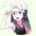  1girl alternate_headgear baseball_cap black_hair blue_eyes commentary_request flat_chest green_background hat hikari_(pokemon) long_hair lowres pink_scarf pokemon pokemon_(game) pokemon_dppt rifu_(hunihuni1130) scarf solo sparkle white_headwear 