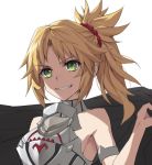  &gt;:d 1girl :d armband armor bare_shoulders blonde_hair boobplate collar commentary eyebrows_visible_through_hair green_eyes grin long_hair looking_at_viewer open_mouth parted_lips ponytail saber_of_red simple_background smile solo tonee upper_body white_background 