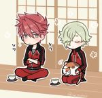  2boys cat chibi looking_at_another lowres multiple_boys ookanehira_(touken_ranbu) sliding_doors touken_ranbu track_suit uguisumaru 