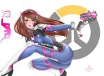  1girl acronym animal_print artist_name bangs blue_bodysuit bodysuit breasts brown_eyes brown_hair bunny_print character_name charm_(object) clothes_writing d.va_(overwatch) facepaint facial_mark facing_viewer finger_on_trigger freckles gloves gun hand_on_own_knee handgun headphones high_collar highres holding holding_gun holding_weapon layinart light_smile lips long_hair looking_to_the_side medium_breasts nose outstretched_arm overwatch parted_lips pilot_suit pink_lips pistol pose ribbed_bodysuit shoulder_pads signature simple_background skin_tight solo squatting swept_bangs weapon whisker_markings white_background white_gloves 