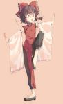  &gt;:o 1girl :o blush bow brown_eyes brown_hair china_dress chinese_clothes commentary detached_sleeves dress flying_sweatdrops hair_bow hair_tubes hakurei_reimu highres large_bow pants petite sakana-ko shoes short_hair solo standing standing_on_one_leg sweat touhou 