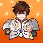  1boy :d asymmetrical_gloves brown_hair clenched_hands cropped_torso feathers gloves green_eyes hair_feathers hair_ornament looking_at_viewer moemoe3345 open_mouth orange_background orange_feathers smile solo sorey_(tales) tales_of_(series) tales_of_zestiria white_gloves 