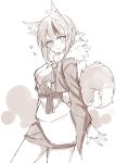 1girl animal_ears bangs blush cowboy_shot eyebrows_visible_through_hair fire_emblem fire_emblem_if fox_ears fur_trim greyscale japanese_clothes jiino kinu_(fire_emblem_if) long_sleeves looking_at_viewer monochrome multicolored_hair selkie_(fire_emblem) sidelocks sketch smile solo streaked_hair tail tongue tongue_out wide_sleeves