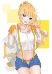  1girl artist_request bikini bikini_under_clothes blonde_hair blue_eyes breasts crop_top crop_top_overhang highres idolmaster idolmaster_cinderella_girls long_hair looking_away medium_breasts midriff navel ootsuki_yui open_pants ponytail short_shorts shorts solo suspenders swimsuit undressing 