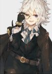  alternate_costume arm_up bangs belt black_gloves black_legwear blue_bow blush bow braid brown_jacket collared_shirt cowboy_shot eyebrows_visible_through_hair gloves grey_background hair_bow hand_up heterochromia holding izayoi_sakuya jacket_on_shoulders long_sleeves looking_at_viewer monocle open_mouth pantyhose shirt side_braid simple_background stopwatch touhou twin_braids watch watch white_hair white_shirt zairen 