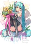  1girl 2017 ;) absurdres anniversary aqua_eyes aqua_hair aqua_necktie black_boots black_legwear blush boots character_name dated detached_sleeves flower hatsune_miku headset highres itohana long_hair looking_at_viewer musical_note necktie one_eye_closed petals pink_ribbon ribbon sitting smile solo spring_onion striped striped_ribbon sunflower thigh-highs thigh_boots twintails very_long_hair vocaloid 