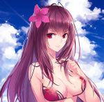  1girl antenna_hair bangs bare_arms bare_shoulders bikini blue_sky breasts cleavage closed_mouth clouds cloudy_sky commentary_request day eyebrows_visible_through_hair fate/grand_order fate_(series) flower gekka_nanako hair_between_eyes hair_flower hair_ornament hair_twirling halter_top halterneck hand_up hibiscus highres large_breasts long_hair looking_at_viewer outdoors pink_flower purple_bikini purple_hair red_eyes revision scathach_(fate/grand_order) scathach_(swimsuit_assassin)_(fate) sky smile solo sparkle strap_gap sweat swimsuit under_boob upper_body 
