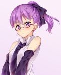  1girl bare_shoulders bespectacled blush bow detached_sleeves fate/grand_order fate_(series) glasses hair_bow helena_blavatsky_(fate/grand_order) highres kuragari necktie ponytail purple_hair short_hair simple_background solo upper_body violet_eyes 