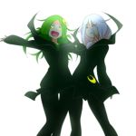  2girls alternate_costume alternate_eye_color alternate_hairstyle black_legwear commentary_request crescent crescent_hair_ornament crescent_moon_pin eyebrows_visible_through_hair glowing glowing_eyes green_eyes green_hair hair_between_eyes hair_flaps hair_ornament kantai_collection kenji_(8zidayo) kikuzuki_(kantai_collection) long_hair long_sleeves multiple_girls nagatsuki_(kantai_collection) open_mouth outstretched_arms red_eyes round_teeth silver_hair simple_background smile spread_arms teeth white_background white_hair 