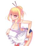  1girl alternate_hairstyle apron arched_back bandaid bandaid_on_nose bent_over blonde_hair blue_shorts blush breasts closed_mouth frilled_apron frills hair_bun hair_ornament hairpin kamdia large_breasts looking_at_viewer nearly_naked_apron pangya red_eyes shorts simple_background smile solo spika_(pangya) white_apron white_background 