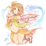  1girl 7010 armlet bikini blush bracelet breasts brown_eyes brown_hair cleavage commentary_request full_body idolmaster idolmaster_cinderella_girls jewelry large_breasts looking_at_viewer mimura_kanako navel necklace sandals scepter short_hair simple_background sketch smile solo swimsuit white_background wings 