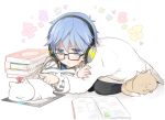  1boy :3 ^_^ blue_eyes blue_hair blush book book_stack caster_(fate/extra_ccc) cat closed_eyes closed_mouth fate/extra fate/extra_ccc fate_(series) headphones male_focus open_book poking seiza sino_(sionori) sitting sleeping solo sweatdrop 